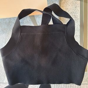 House of Harlow black sqaure neck ribbed knit criss cross back tank top